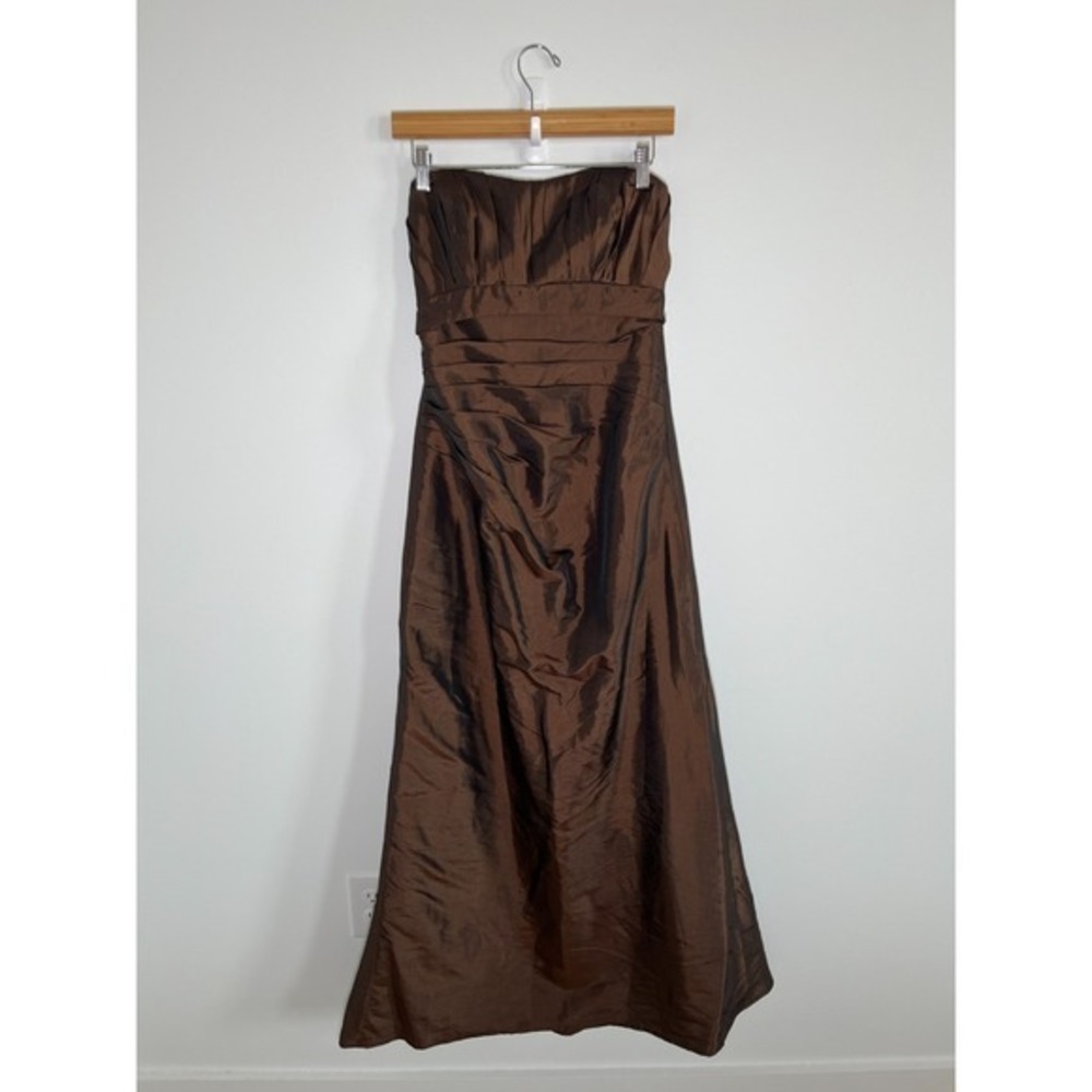 Womens 10 Y2K Brown Dress Babydoll Prom Wedding Guest Sweetheart Strapless Satin